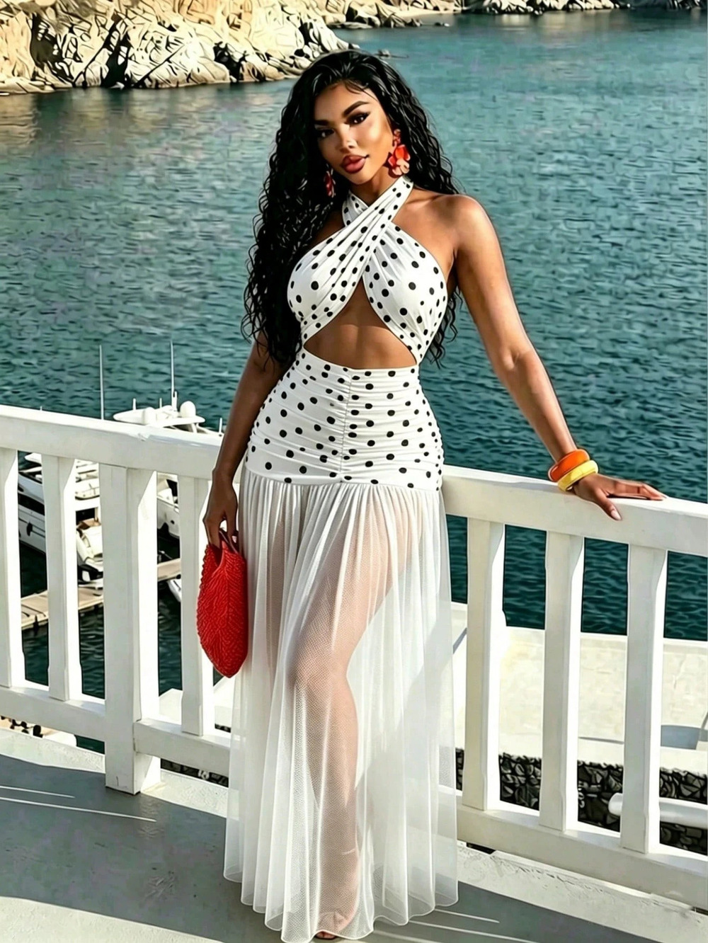 ZARA Sheer Mesh Polka Dot Halter Maxi Beach Dress Sexy Swimwear Pool Cover Up